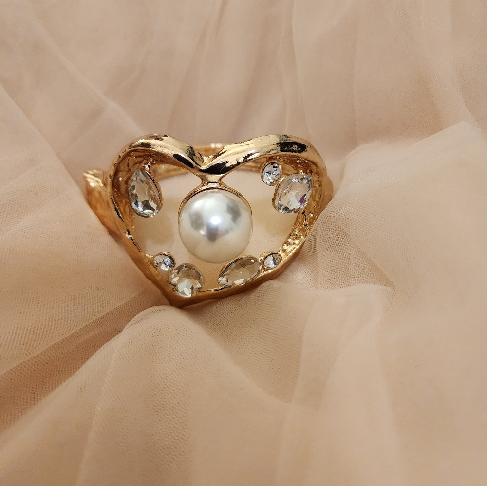 Chunky Gold Heart Clamp Bracelet with Pearl and Crystals GIFT Victorian Mobwife